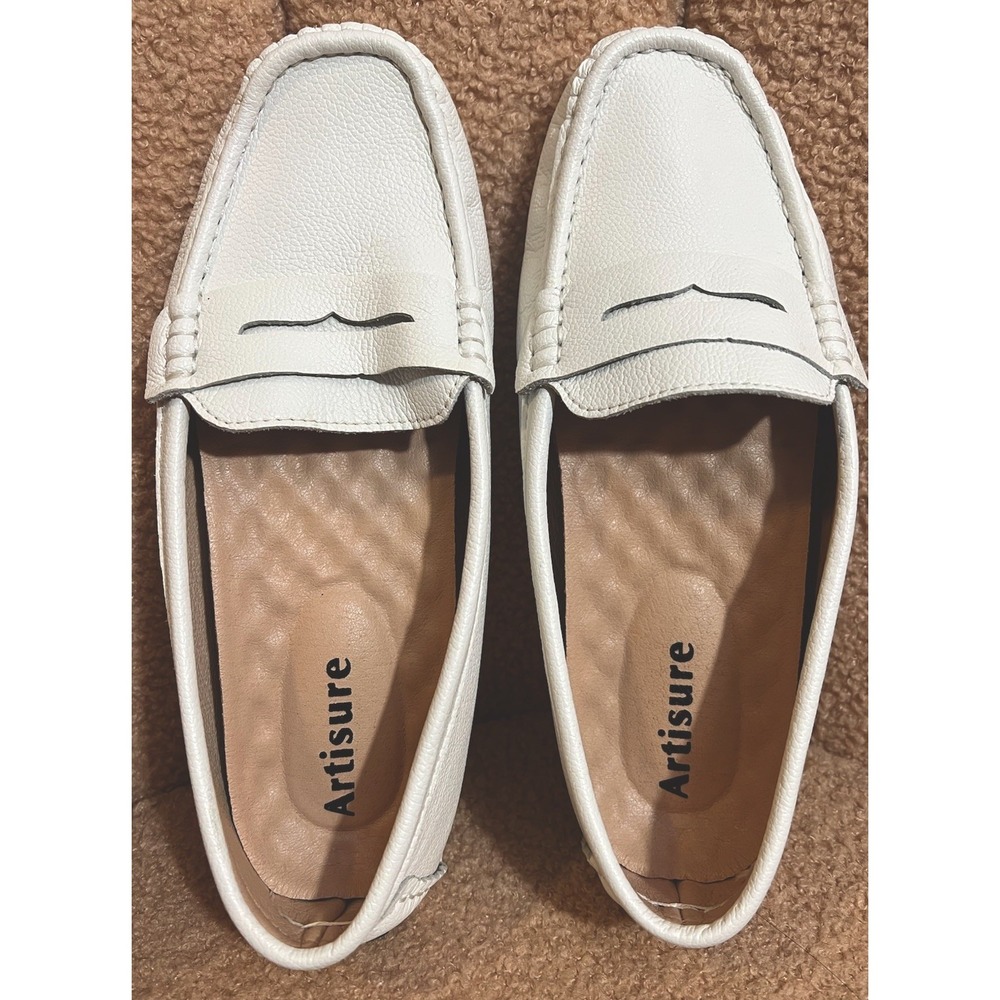 Artisure Womens White Leather Driving Penny Loafers Shoes Size 8.5